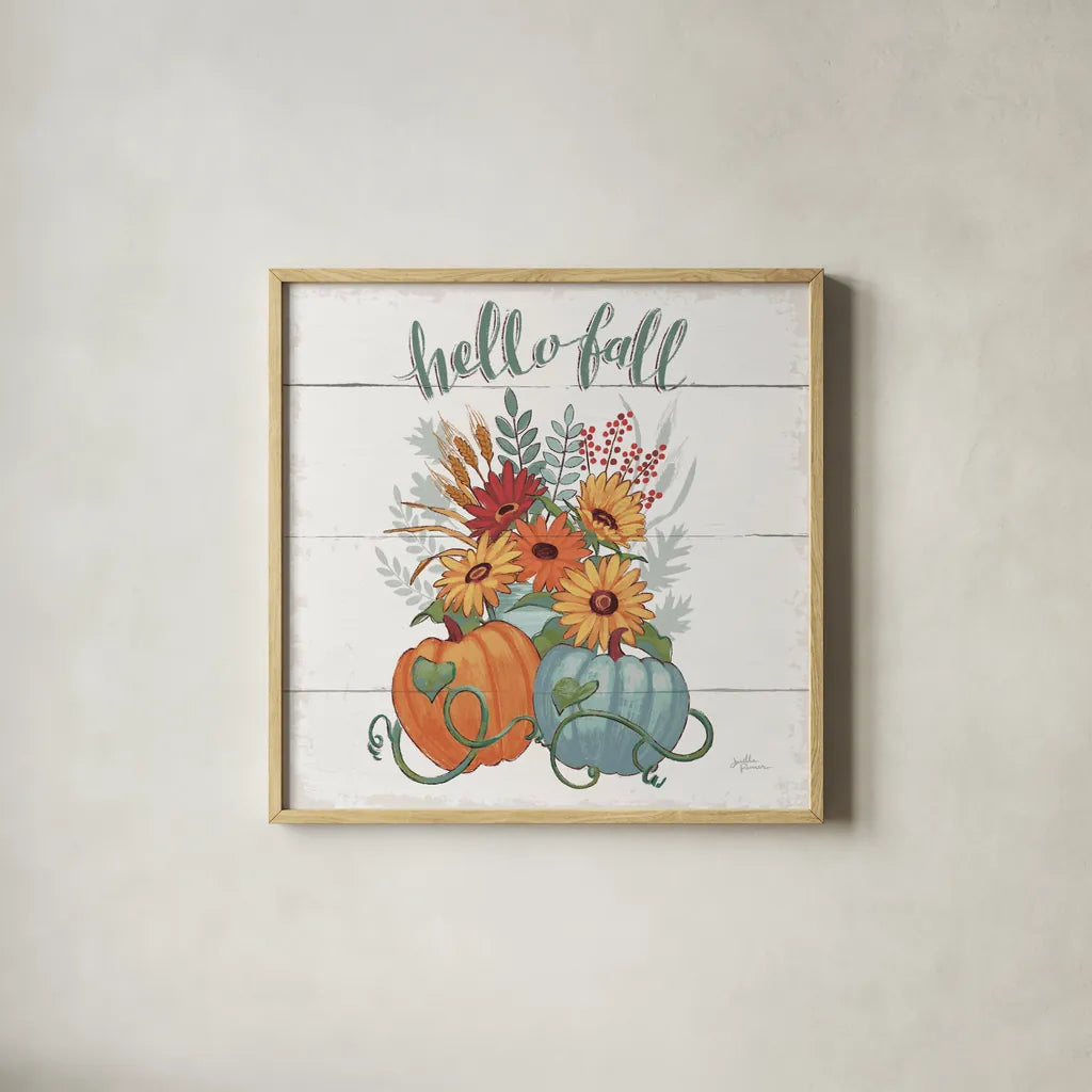 Fall Fun II - Gray and Blue Pumpkin by Janelle Penner. Shown in a natural wood glass frame for a timeless modern aesthetic. Available as an archival giclee rolled canvas, fine art paper, or poster print. SKU 35666a.