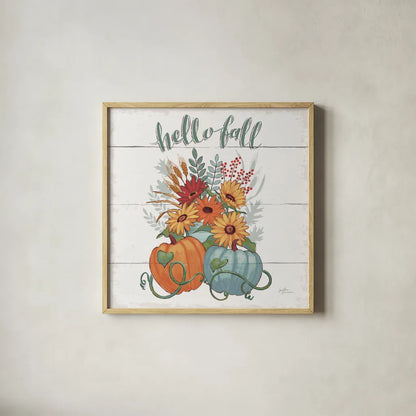 Fall Fun II - Gray and Blue Pumpkin by Janelle Penner. Shown in a natural wood glass frame for a timeless modern aesthetic. Available as an archival giclee rolled canvas, fine art paper, or poster print. SKU 35666a.