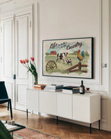 Farm Life I by Janelle Penner. shown as a framed stretched canvas in a living room above a console. Available as a archival giclee rolled canvas, fine art paper, or poster print. SKU 43932i.