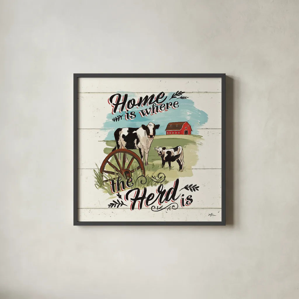 Farm Life II by Janelle Penner. Shown in a sleek black glass frame for a contemporary gallery look. Available as an archival giclee rolled canvas, fine art paper, or poster print. SKU 43933a.