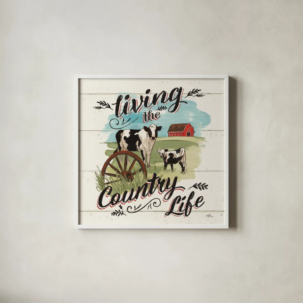 Farm Life II Country by Janelle Penner. Shown in a crisp white glass frame for a clean and minimalist style. Available as an archival giclee rolled canvas, fine art paper, or poster print. SKU 48797a.