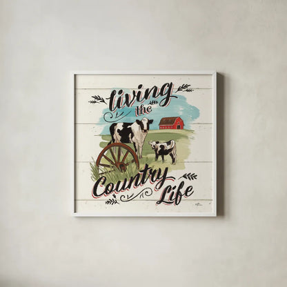 Farm Life II Country by Janelle Penner. Shown in a crisp white glass frame for a clean and minimalist style. Available as an archival giclee rolled canvas, fine art paper, or poster print. SKU 48797a.
