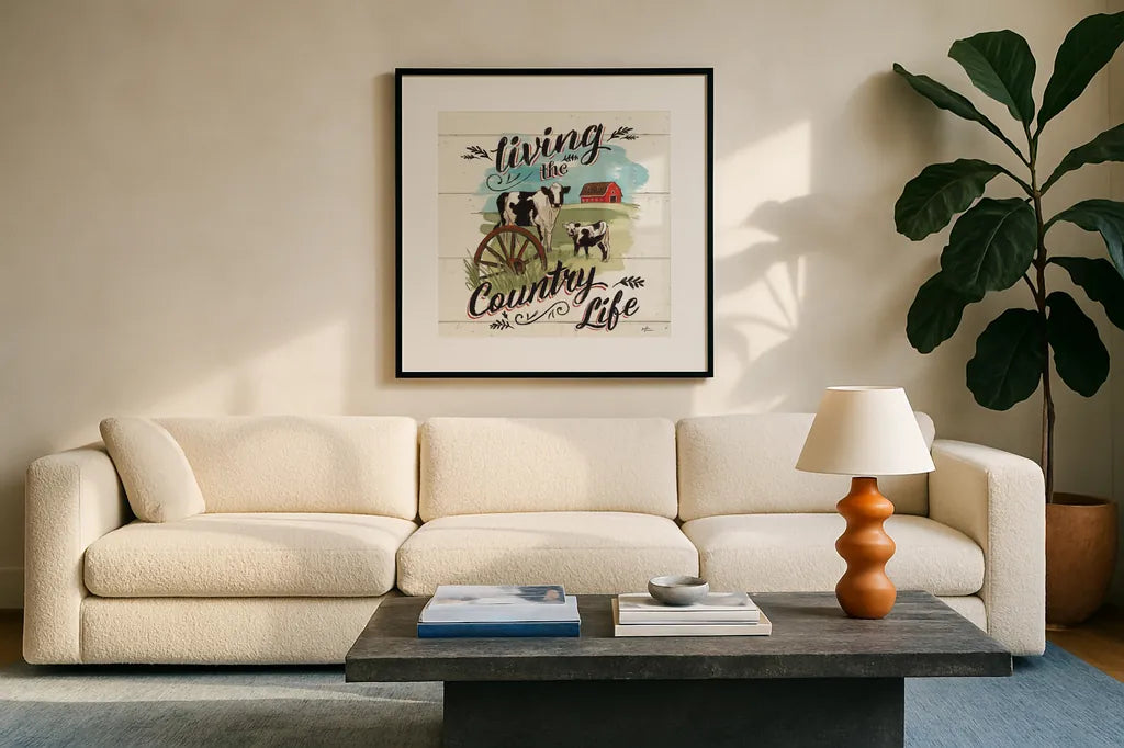 Farm Life II Country by Janelle Penner. Displayed in a glass frame with matte in a clean modern living room. Available as an archival giclee rolled canvas, fine art paper, or poster print. SKU 48797a.