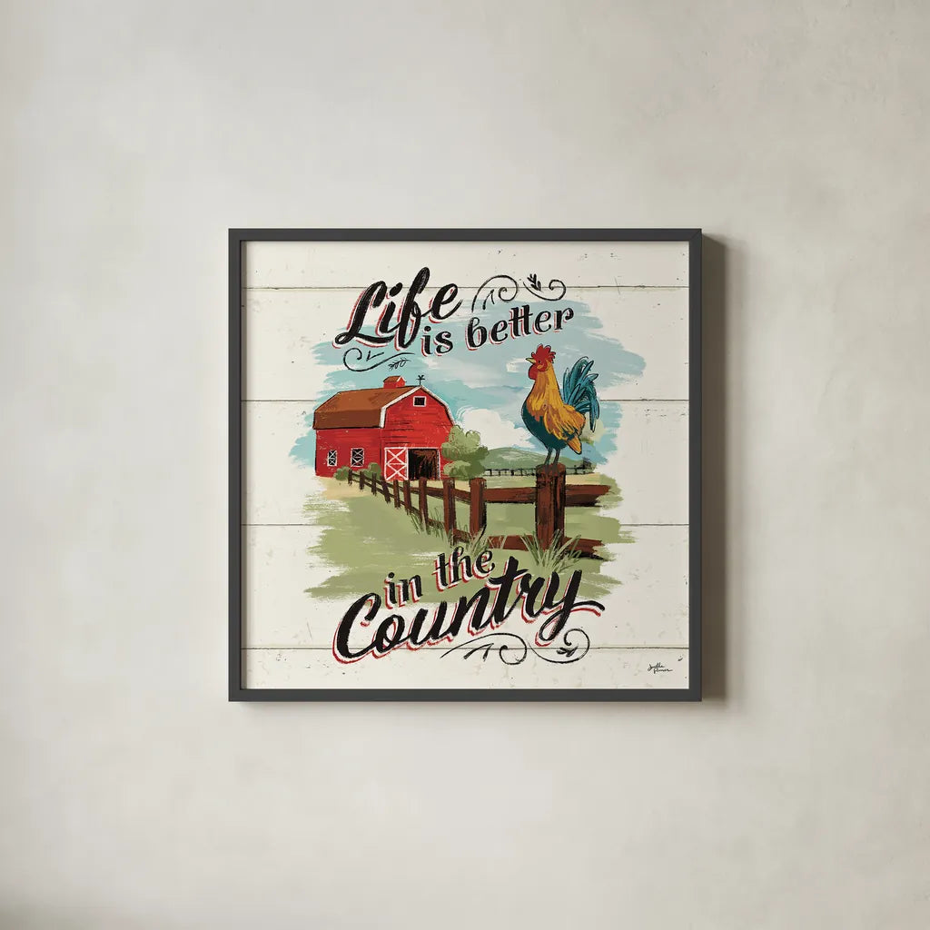 Farm Life III by Janelle Penner. Shown in a sleek black glass frame for a contemporary gallery look. Available as an archival giclee rolled canvas, fine art paper, or poster print. SKU 43934a.