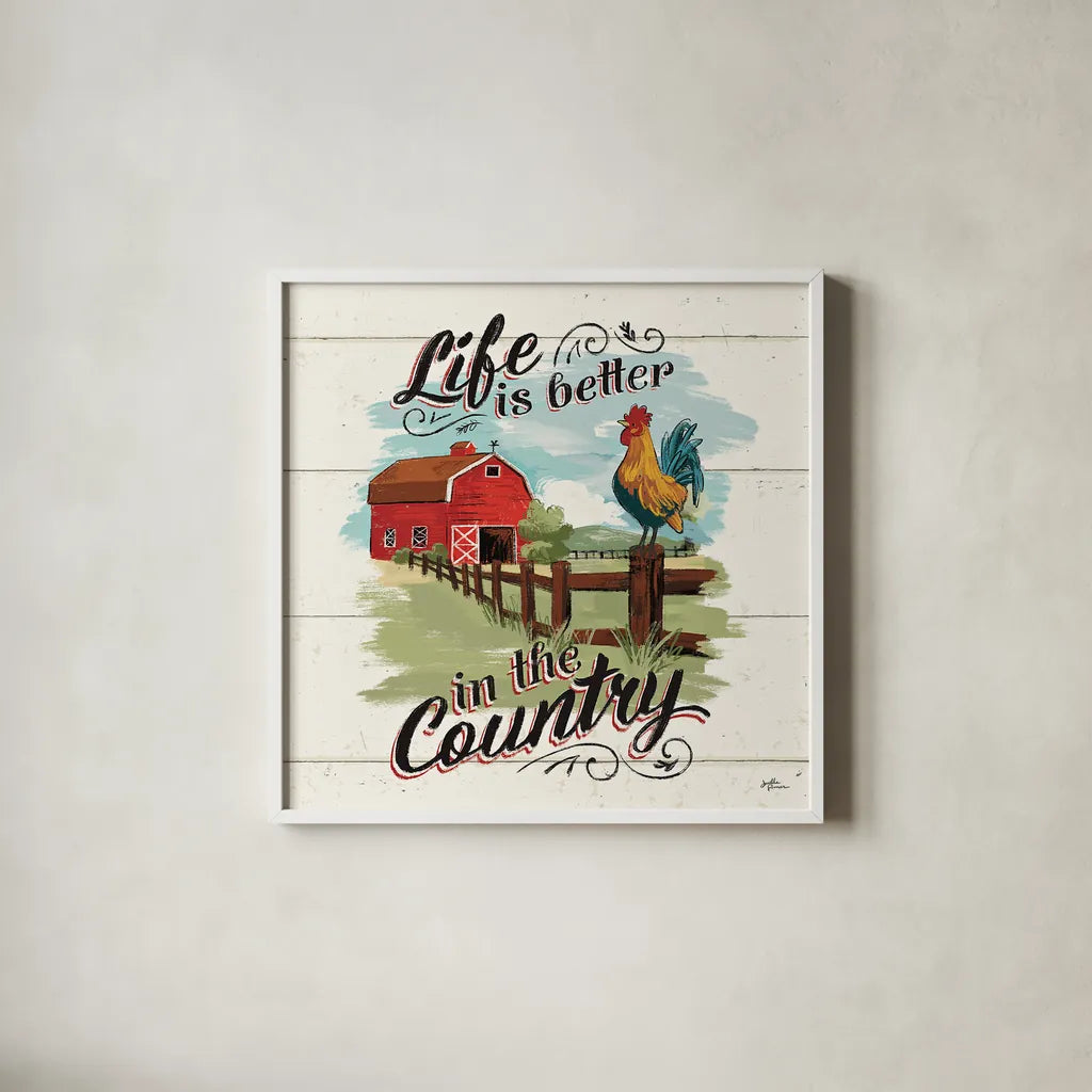 Farm Life III by Janelle Penner. Shown in a crisp white glass frame for a clean and minimalist style. Available as an archival giclee rolled canvas, fine art paper, or poster print. SKU 43934a.