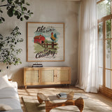 Farm Life III by Janelle Penner. Shown in a natural wood frame in a cozy modern living room. Available as an archival giclee rolled canvas, fine art paper, or poster print. SKU 43934a.