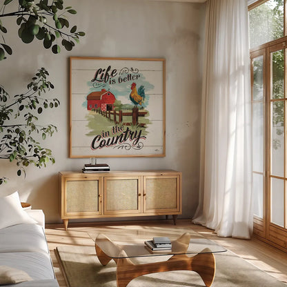 Farm Life III by Janelle Penner. Shown in a natural wood frame in a cozy modern living room. Available as an archival giclee rolled canvas, fine art paper, or poster print. SKU 43934a.