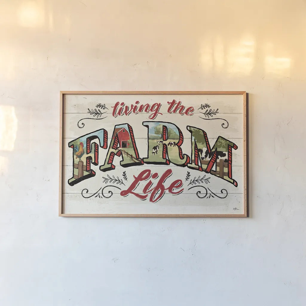 Farm Life IV by Janelle Penner. shown as a paper print in a natural frame. Available as a archival giclee rolled canvas, fine art paper, or poster print. SKU 43935i.