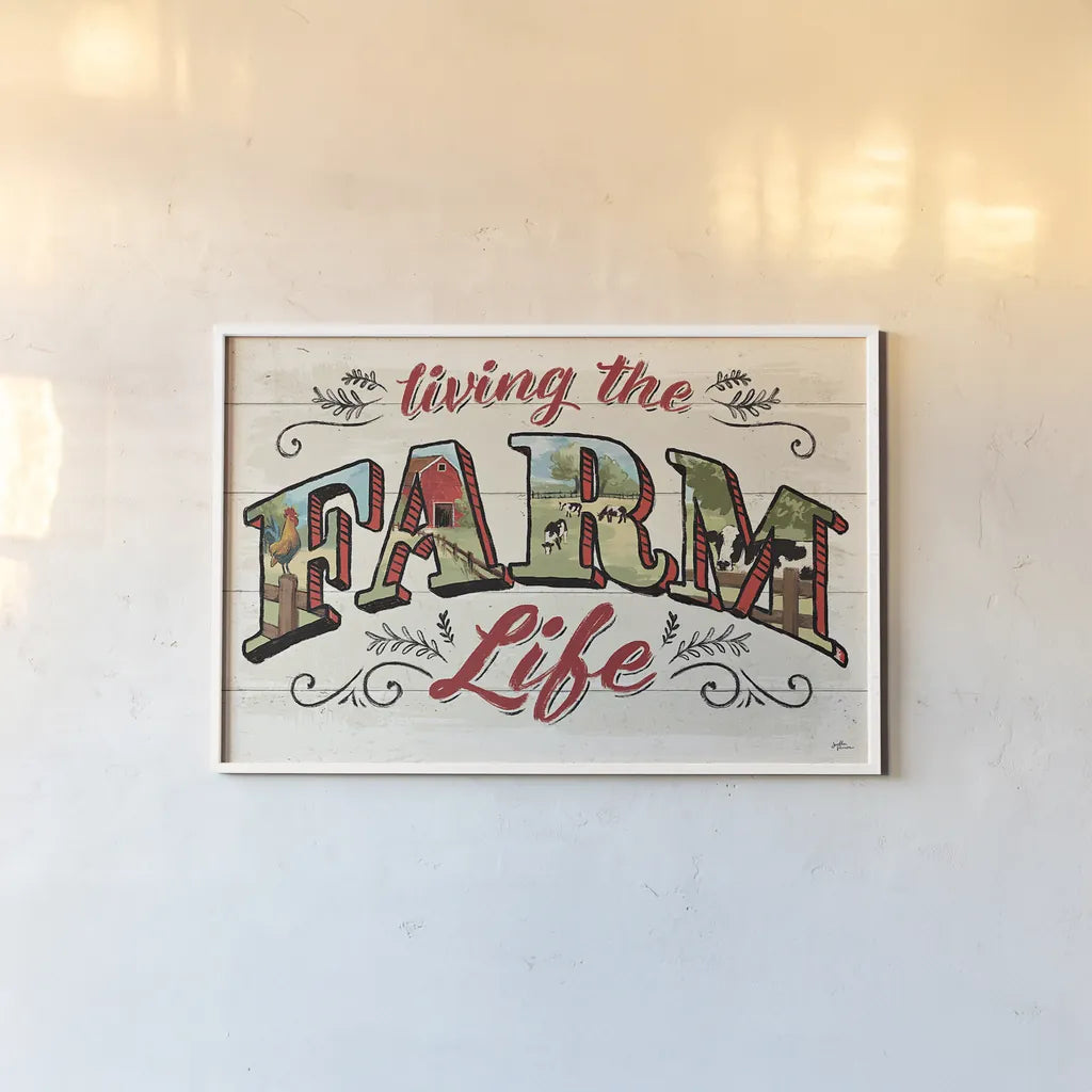 Farm Life IV by Janelle Penner. shown as a paper print in a white frame. Available as a archival giclee rolled canvas, fine art paper, or poster print. SKU 43935i.