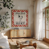 Farmers Market III by Janelle Penner. Shown in a natural wood frame in a cozy modern living room. Available as an archival giclee rolled canvas, fine art paper, or poster print. SKU 24062a.