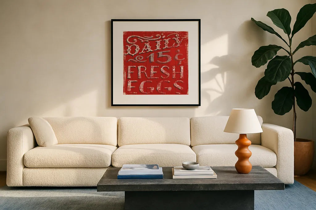 Farmers Market XII by Janelle Penner. Displayed in a glass frame with matte in a clean modern living room. Available as an archival giclee rolled canvas, fine art paper, or poster print. SKU 24071a.