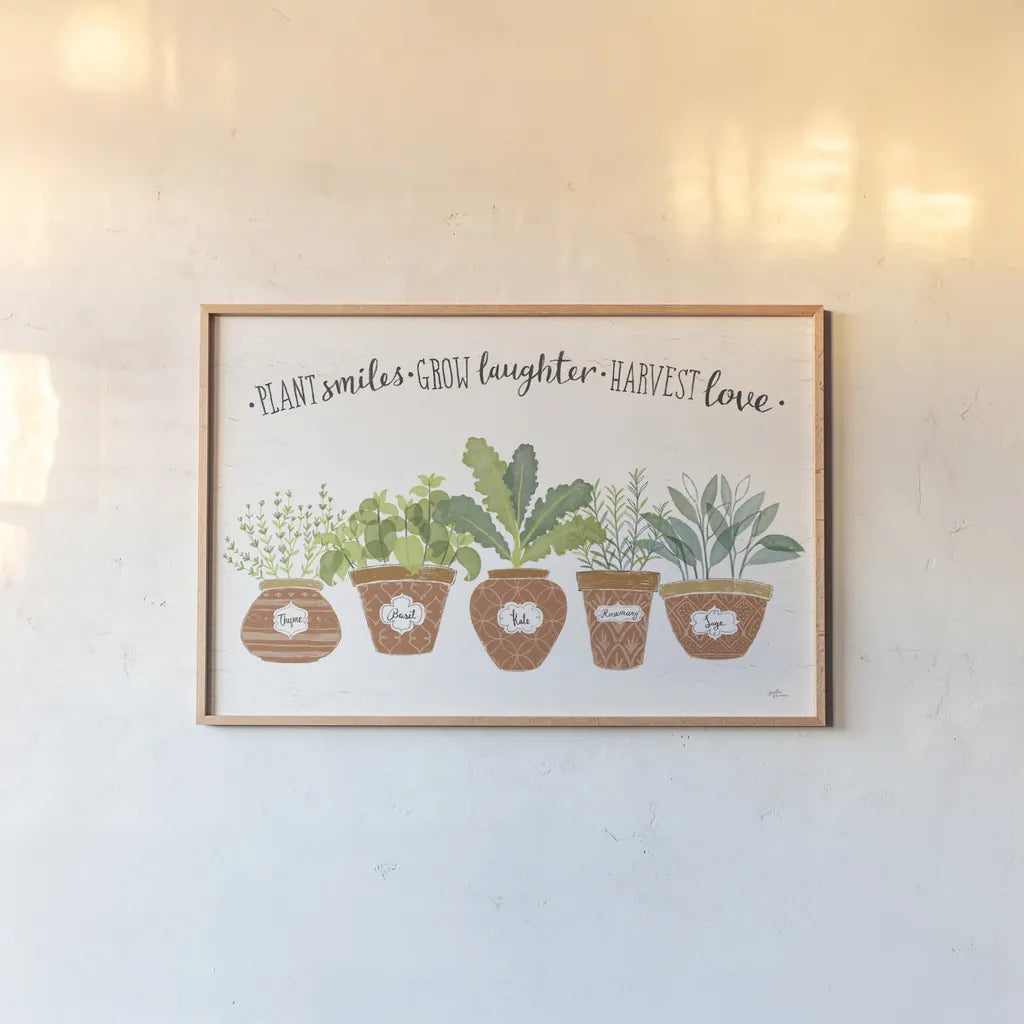 Fine Herbs I Terra Cotta by Janelle Penner. shown as a paper print in a natural frame. Available as a archival giclee rolled canvas, fine art paper, or poster print. SKU 61535i.