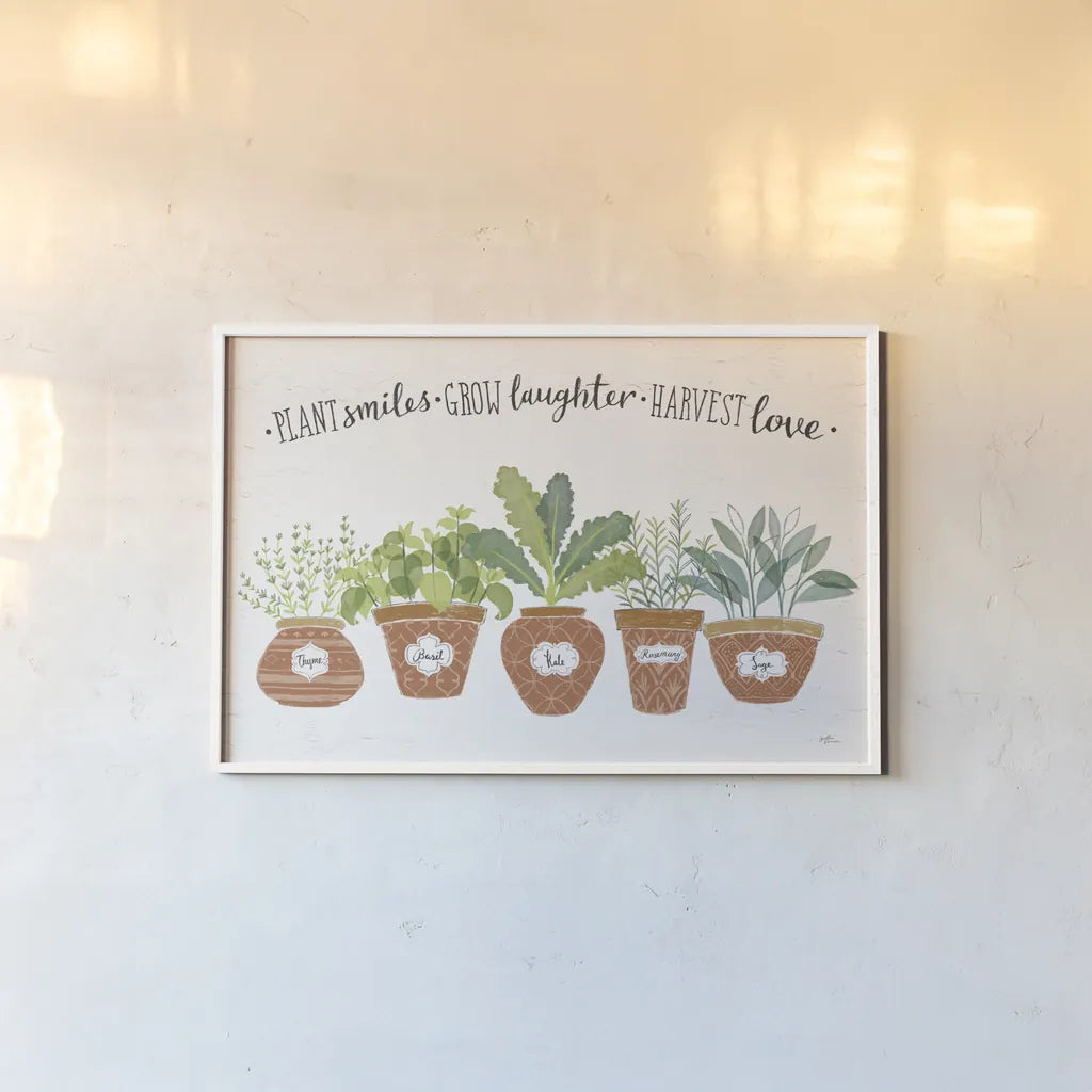 Fine Herbs I Terra Cotta by Janelle Penner. shown as a paper print in a white frame. Available as a archival giclee rolled canvas, fine art paper, or poster print. SKU 61535i.