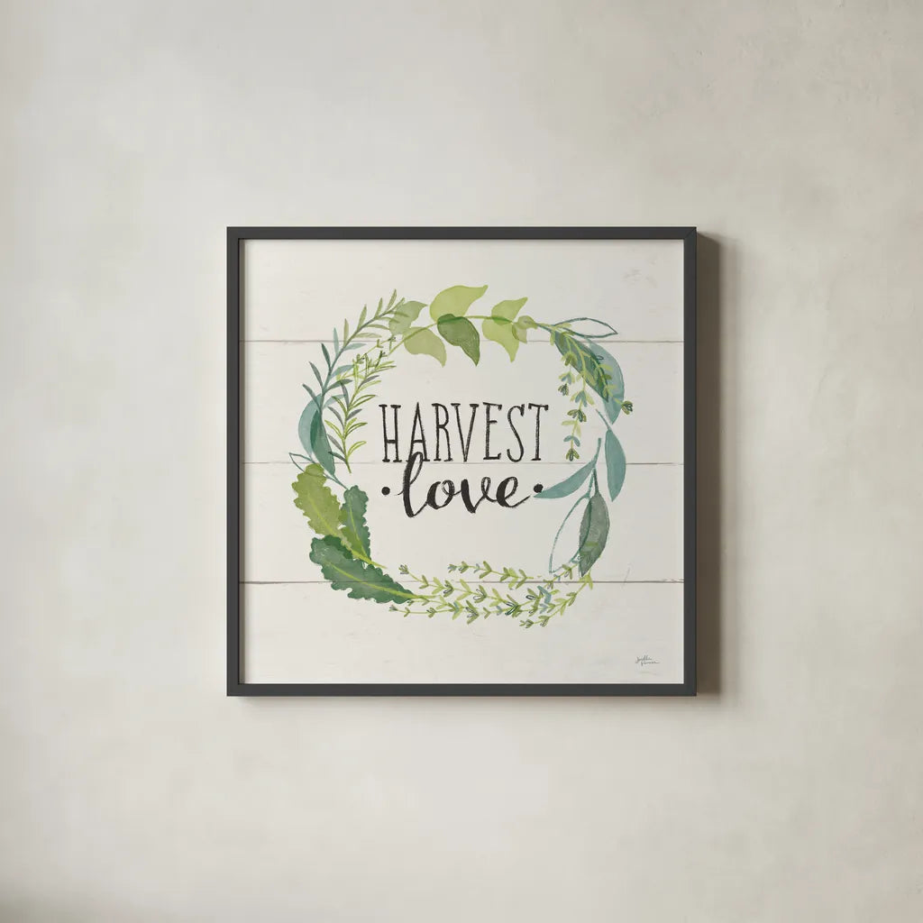 Fine Herbs III Foliage and Shiplap by Janelle Penner. Shown in a sleek black glass frame for a contemporary gallery look. Available as an archival giclee rolled canvas, fine art paper, or poster print. SKU 42196a.