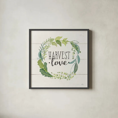 Fine Herbs III Foliage and Shiplap by Janelle Penner. Shown in a sleek black glass frame for a contemporary gallery look. Available as an archival giclee rolled canvas, fine art paper, or poster print. SKU 42196a.