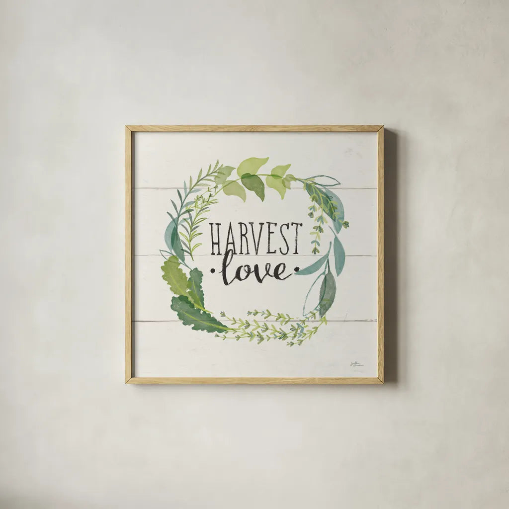 Fine Herbs III Foliage and Shiplap by Janelle Penner. Shown in a natural wood glass frame for a timeless modern aesthetic. Available as an archival giclee rolled canvas, fine art paper, or poster print. SKU 42196a.
