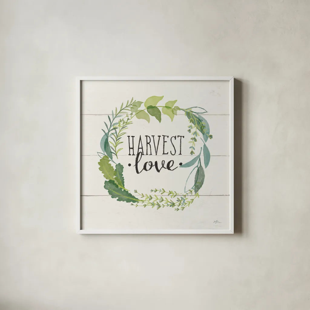 Fine Herbs III Foliage and Shiplap by Janelle Penner. Shown in a crisp white glass frame for a clean and minimalist style. Available as an archival giclee rolled canvas, fine art paper, or poster print. SKU 42196a.