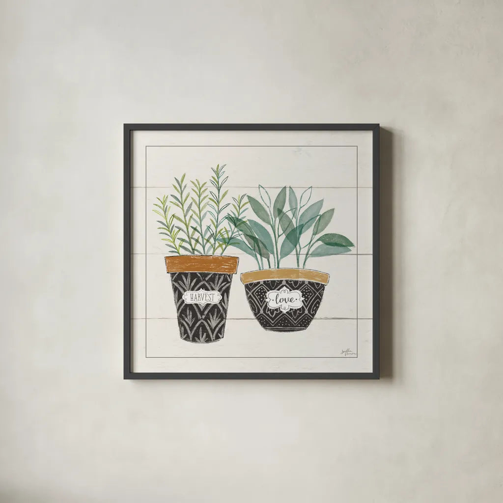 Fine Herbs IV Love by Janelle Penner. Shown in a sleek black glass frame for a contemporary gallery look. Available as an archival giclee rolled canvas, fine art paper, or poster print. SKU 46182a.