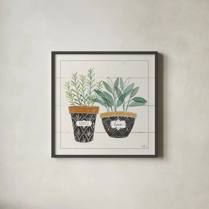 Fine Herbs IV Love by Janelle Penner. Shown in a sleek black glass frame for a contemporary gallery look. Available as an archival giclee rolled canvas, fine art paper, or poster print. SKU 46182a.