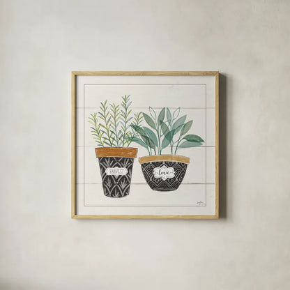 Fine Herbs IV Love by Janelle Penner. Shown in a natural wood glass frame for a timeless modern aesthetic. Available as an archival giclee rolled canvas, fine art paper, or poster print. SKU 46182a.