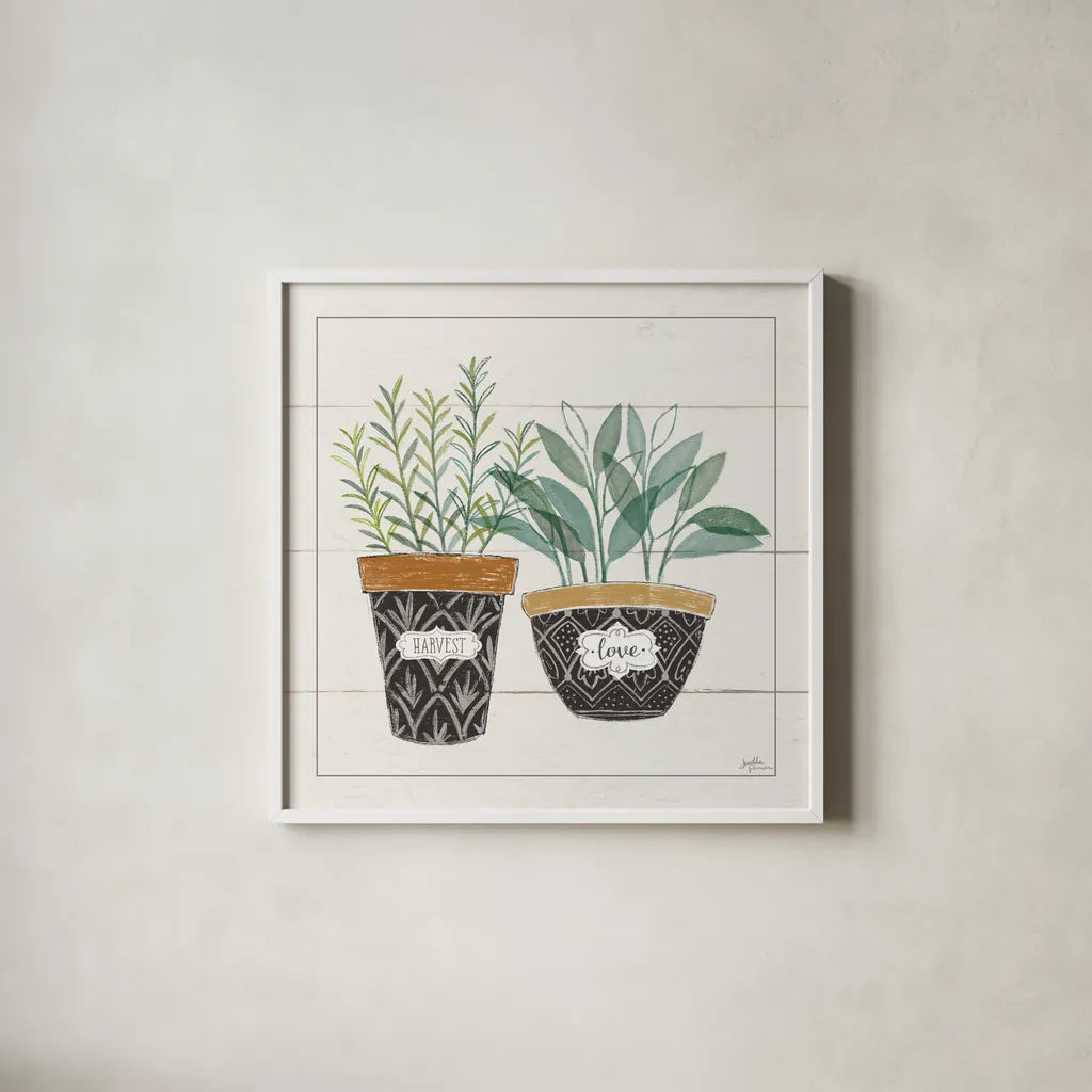Fine Herbs IV Love by Janelle Penner. Shown in a crisp white glass frame for a clean and minimalist style. Available as an archival giclee rolled canvas, fine art paper, or poster print. SKU 46182a.