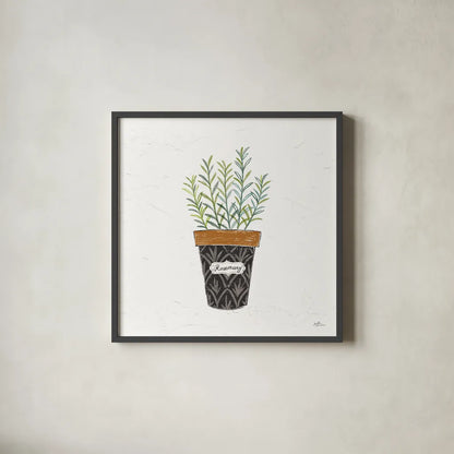 Fine Herbs IX by Janelle Penner. Shown in a sleek black glass frame for a contemporary gallery look. Available as an archival giclee rolled canvas, fine art paper, or poster print. SKU 35001a.