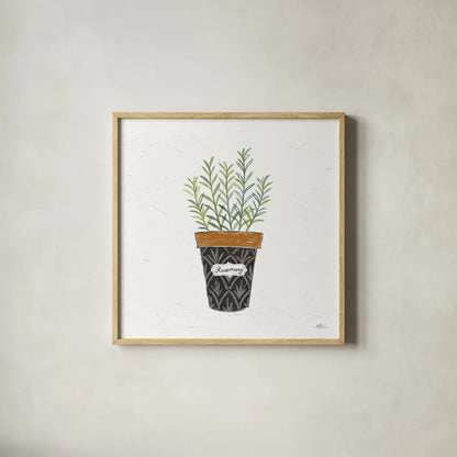 Fine Herbs IX by Janelle Penner. Shown in a natural wood glass frame for a timeless modern aesthetic. Available as an archival giclee rolled canvas, fine art paper, or poster print. SKU 35001a.