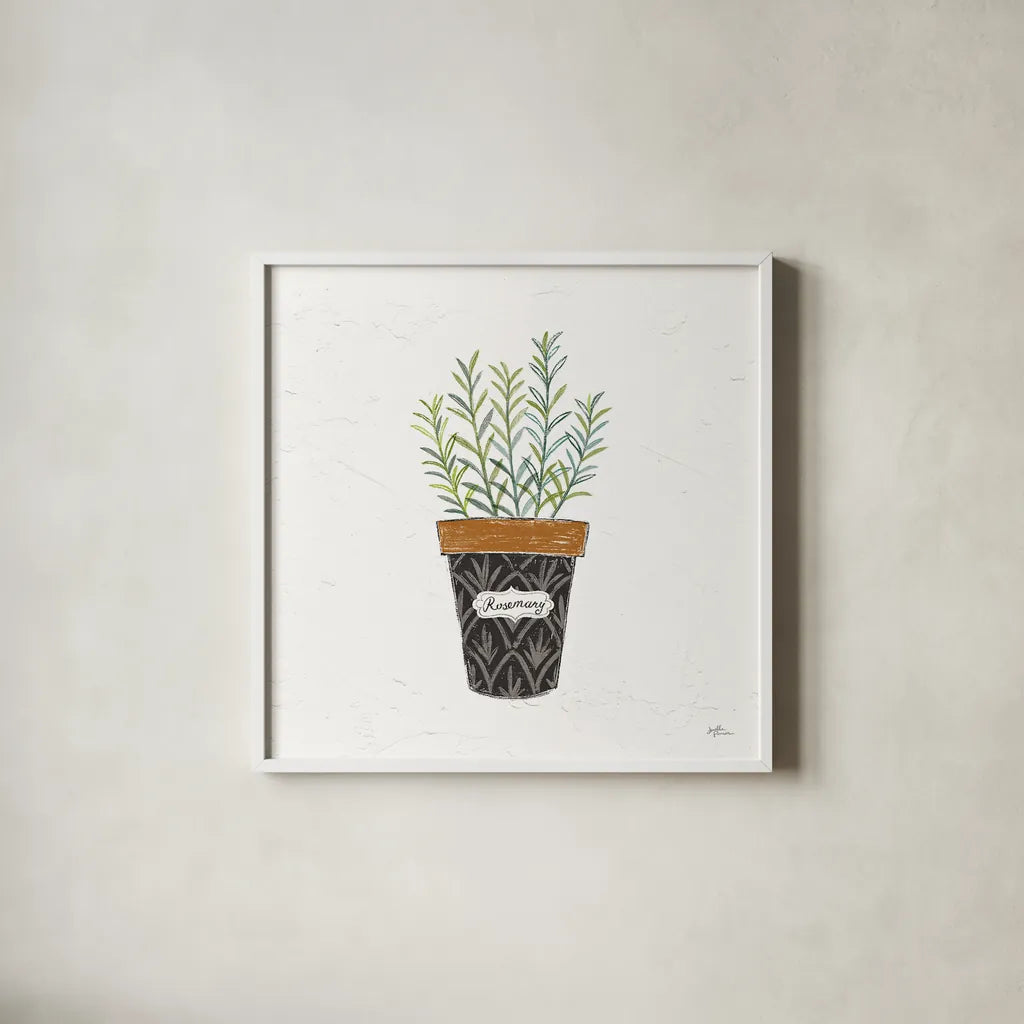 Fine Herbs IX by Janelle Penner. Shown in a crisp white glass frame for a clean and minimalist style. Available as an archival giclee rolled canvas, fine art paper, or poster print. SKU 35001a.