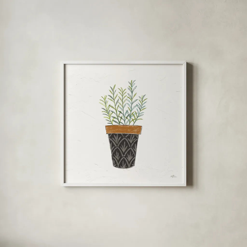 Fine Herbs IX No Label by Janelle Penner. Shown in a crisp white glass frame for a clean and minimalist style. Available as an archival giclee rolled canvas, fine art paper, or poster print. SKU 69978a.