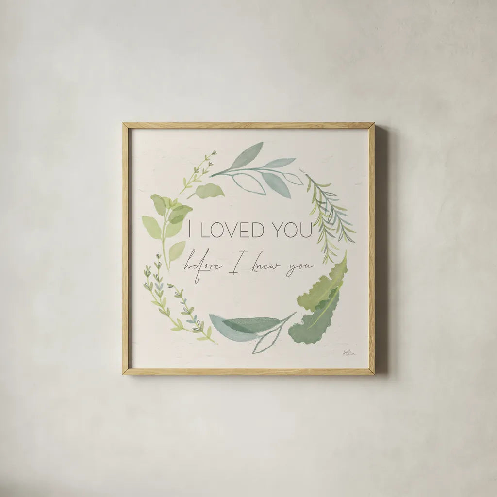Fine Herbs Sentiment I by Janelle Penner. Shown in a natural wood glass frame for a timeless modern aesthetic. Available as an archival giclee rolled canvas, fine art paper, or poster print. SKU 69577a.