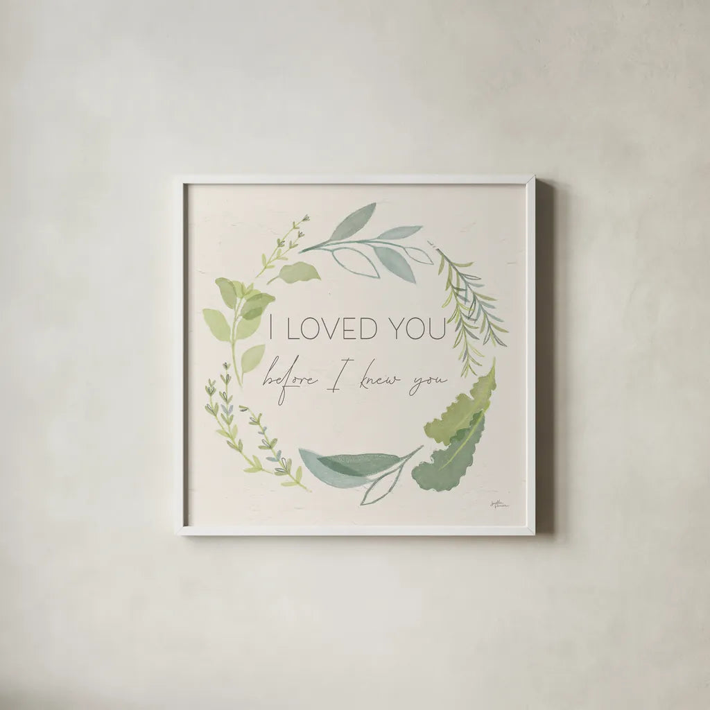 Fine Herbs Sentiment I by Janelle Penner. Shown in a crisp white glass frame for a clean and minimalist style. Available as an archival giclee rolled canvas, fine art paper, or poster print. SKU 69577a.