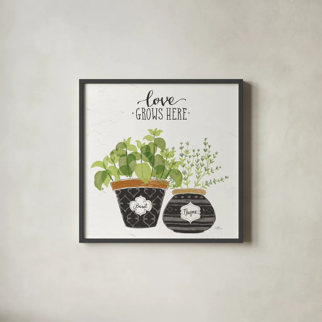 Fine Herbs V Crop by Janelle Penner. Shown in a sleek black glass frame for a contemporary gallery look. Available as an archival giclee rolled canvas, fine art paper, or poster print. SKU 34997a.