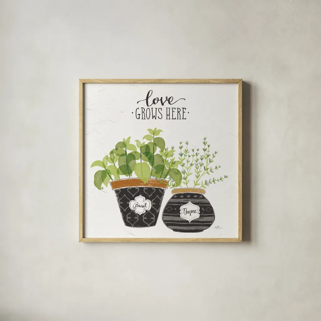 Fine Herbs V Crop by Janelle Penner. Shown in a natural wood glass frame for a timeless modern aesthetic. Available as an archival giclee rolled canvas, fine art paper, or poster print. SKU 34997a.