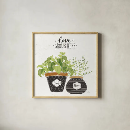 Fine Herbs V Crop by Janelle Penner. Shown in a natural wood glass frame for a timeless modern aesthetic. Available as an archival giclee rolled canvas, fine art paper, or poster print. SKU 34997a.