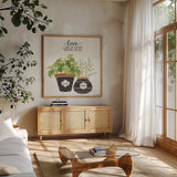 Fine Herbs V Crop by Janelle Penner. Shown in a natural wood frame in a cozy modern living room. Available as an archival giclee rolled canvas, fine art paper, or poster print. SKU 34997a.