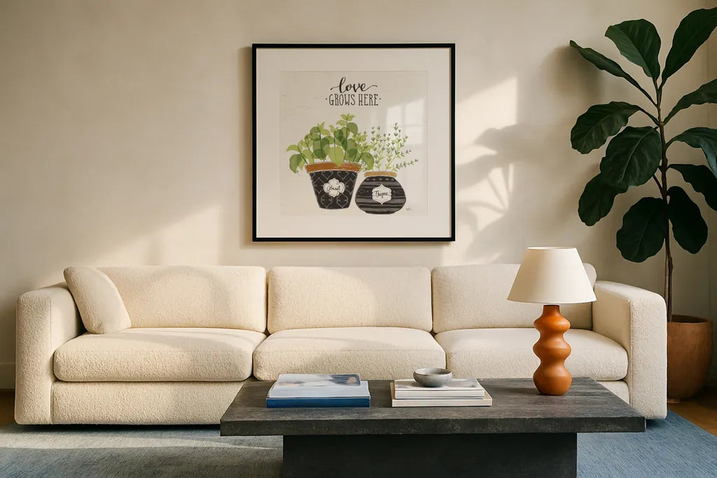 Fine Herbs V Crop by Janelle Penner. Displayed in a glass frame with matte in a clean modern living room. Available as an archival giclee rolled canvas, fine art paper, or poster print. SKU 34997a.