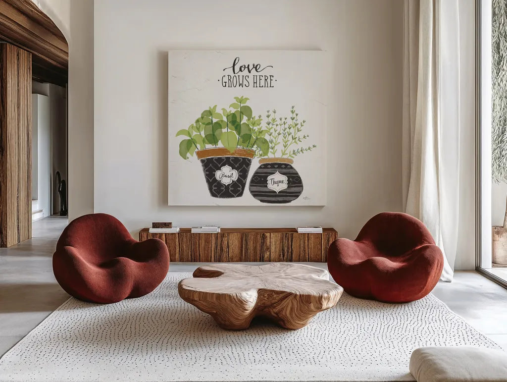 Fine Herbs V Crop by Janelle Penner. Shown as extra-large giant wall art in a modern living room. Available as an archival giclee rolled canvas, fine art paper, or poster print. SKU 34997a.