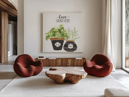 Fine Herbs V Crop by Janelle Penner. Shown as extra-large giant wall art in a modern living room. Available as an archival giclee rolled canvas, fine art paper, or poster print. SKU 34997a.