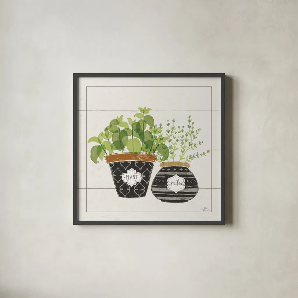 Fine Herbs V Smiles by Janelle Penner. Shown in a sleek black glass frame for a contemporary gallery look. Available as an archival giclee rolled canvas, fine art paper, or poster print. SKU 46183a.