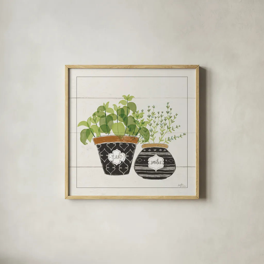 Fine Herbs V Smiles by Janelle Penner. Shown in a natural wood glass frame for a timeless modern aesthetic. Available as an archival giclee rolled canvas, fine art paper, or poster print. SKU 46183a.