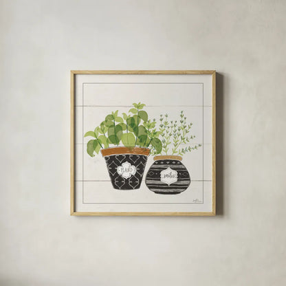 Fine Herbs V Smiles by Janelle Penner. Shown in a natural wood glass frame for a timeless modern aesthetic. Available as an archival giclee rolled canvas, fine art paper, or poster print. SKU 46183a.