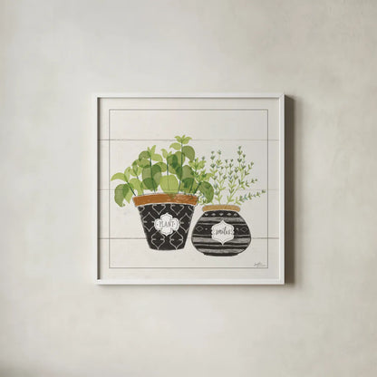 Fine Herbs V Smiles by Janelle Penner. Shown in a crisp white glass frame for a clean and minimalist style. Available as an archival giclee rolled canvas, fine art paper, or poster print. SKU 46183a.