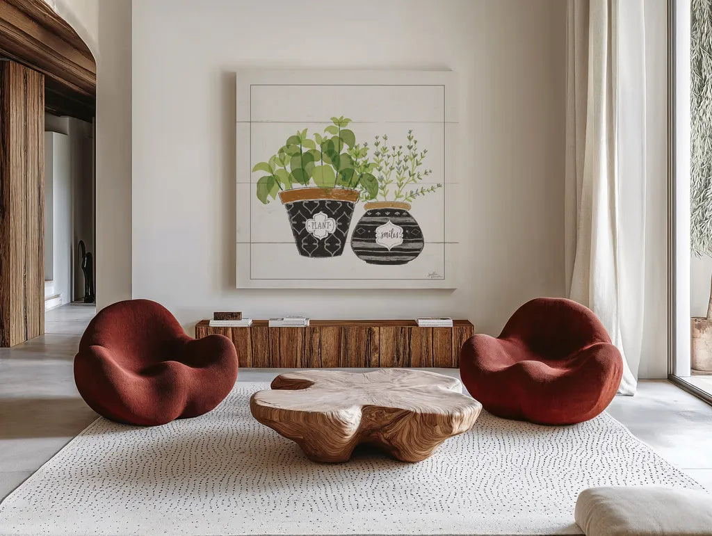 Fine Herbs V Smiles by Janelle Penner. Shown as extra-large giant wall art in a modern living room. Available as an archival giclee rolled canvas, fine art paper, or poster print. SKU 46183a.