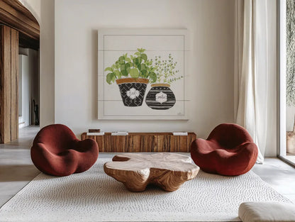 Fine Herbs V Smiles by Janelle Penner. Shown as extra-large giant wall art in a modern living room. Available as an archival giclee rolled canvas, fine art paper, or poster print. SKU 46183a.