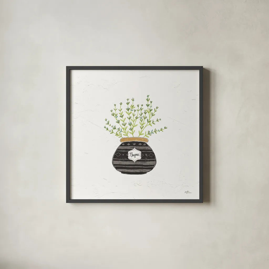 Fine Herbs VI by Janelle Penner. Shown in a sleek black glass frame for a contemporary gallery look. Available as an archival giclee rolled canvas, fine art paper, or poster print. SKU 34998a.