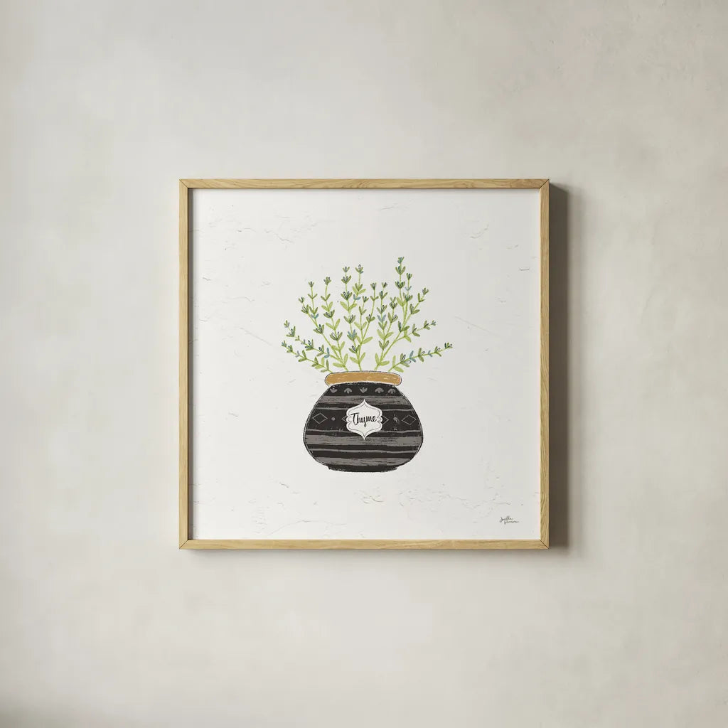 Fine Herbs VI by Janelle Penner. Shown in a natural wood glass frame for a timeless modern aesthetic. Available as an archival giclee rolled canvas, fine art paper, or poster print. SKU 34998a.