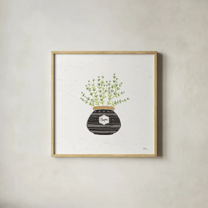 Fine Herbs VI by Janelle Penner. Shown in a natural wood glass frame for a timeless modern aesthetic. Available as an archival giclee rolled canvas, fine art paper, or poster print. SKU 34998a.