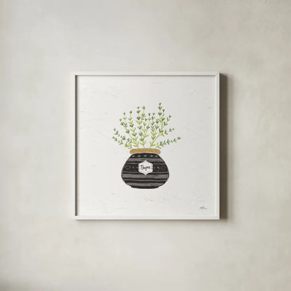 Fine Herbs VI by Janelle Penner. Shown in a crisp white glass frame for a clean and minimalist style. Available as an archival giclee rolled canvas, fine art paper, or poster print. SKU 34998a.