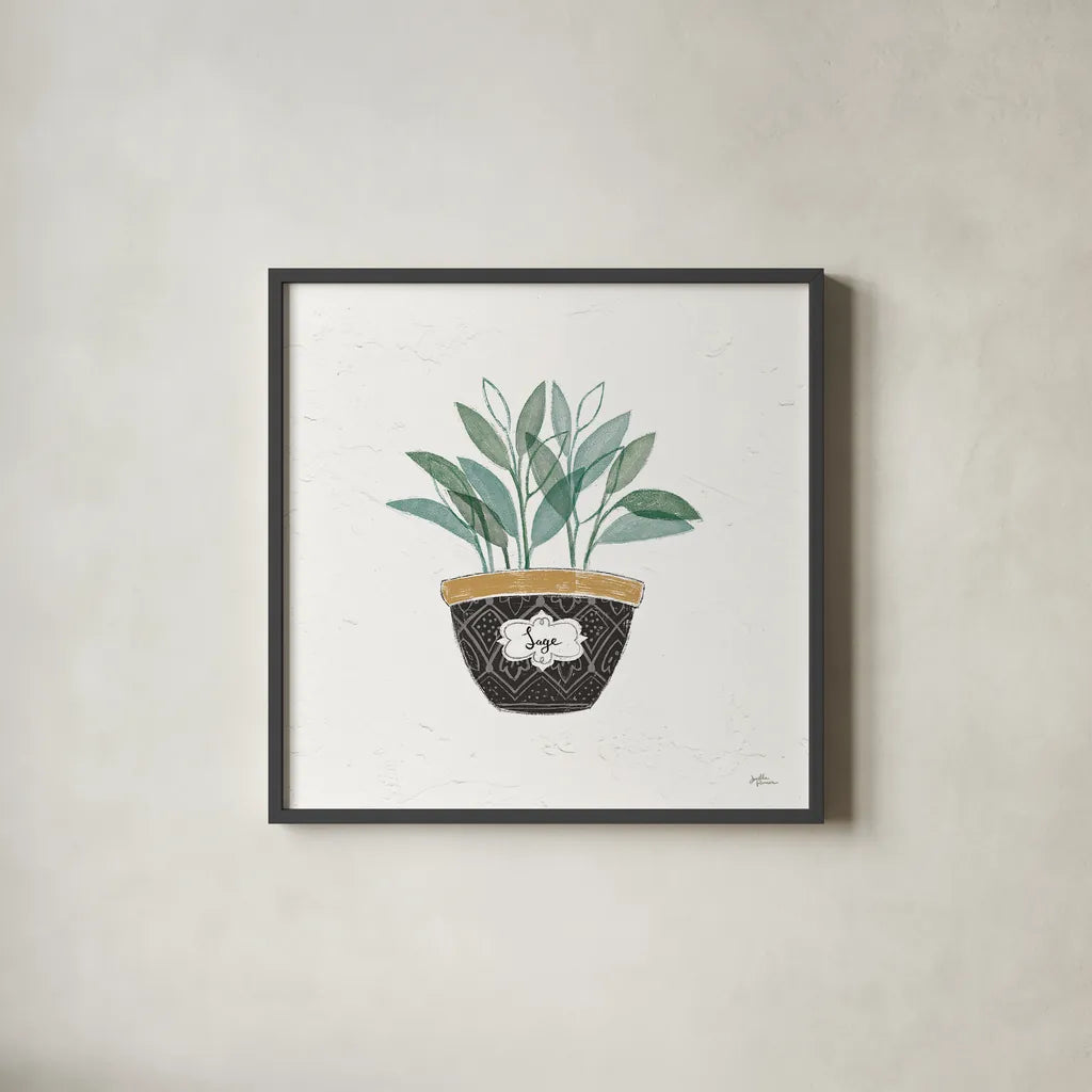 Fine Herbs VII by Janelle Penner. Shown in a sleek black glass frame for a contemporary gallery look. Available as an archival giclee rolled canvas, fine art paper, or poster print. SKU 34999a.