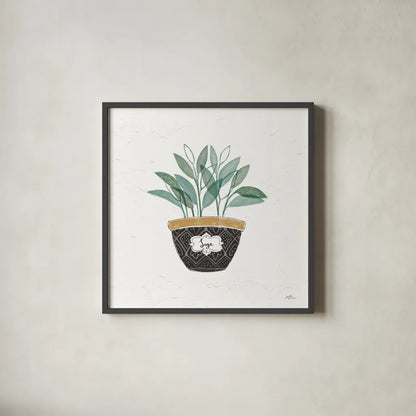 Fine Herbs VII by Janelle Penner. Shown in a sleek black glass frame for a contemporary gallery look. Available as an archival giclee rolled canvas, fine art paper, or poster print. SKU 34999a.